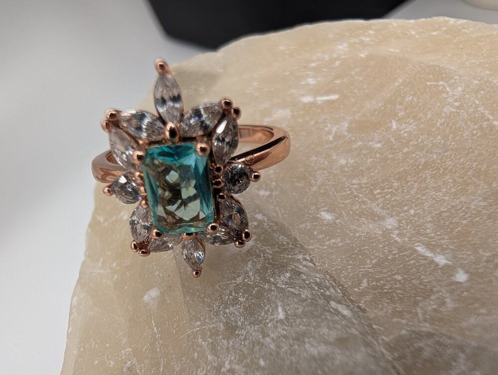 Bomb Party Rose Gold Tone Blue Green Emerald Cut CZ Cluster Ring Size 7